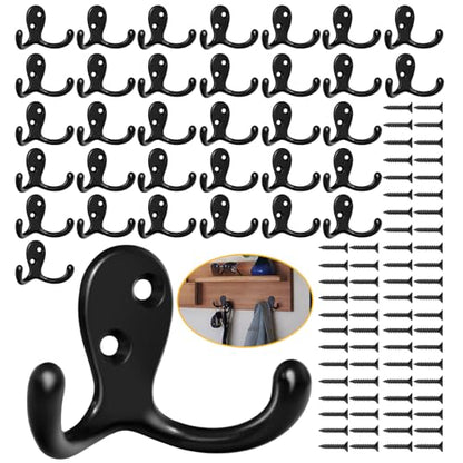 Homanu 34 Pack Coat Hooks, Heavy Duty Double Prong Coat Hooks Wall Mounted with 68 Screws, No Rust Black Metal Wall Hooks for Hanging Towel, Coat, Bag, Hat, Cup, Key - color: 34 Pcs Black