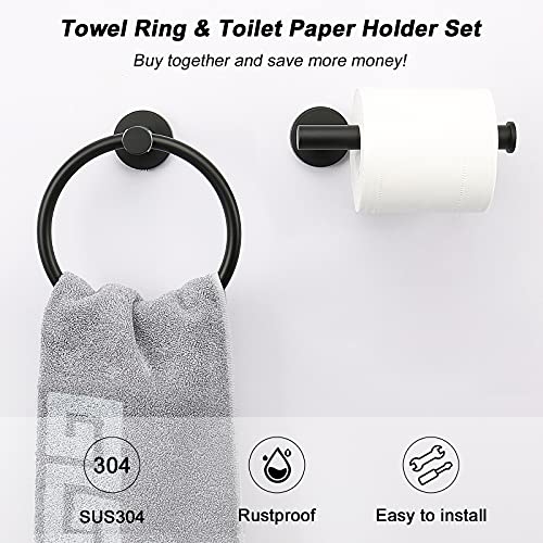 NearMoon 2 Pieces Bathroom Hardware Accessories, Towel Ring and Toilet Paper Holder- Stainless Steel Bath Towel Hanger and Hand Towel Holder, Wall Mounted (Matte Black) - color: Matte Black