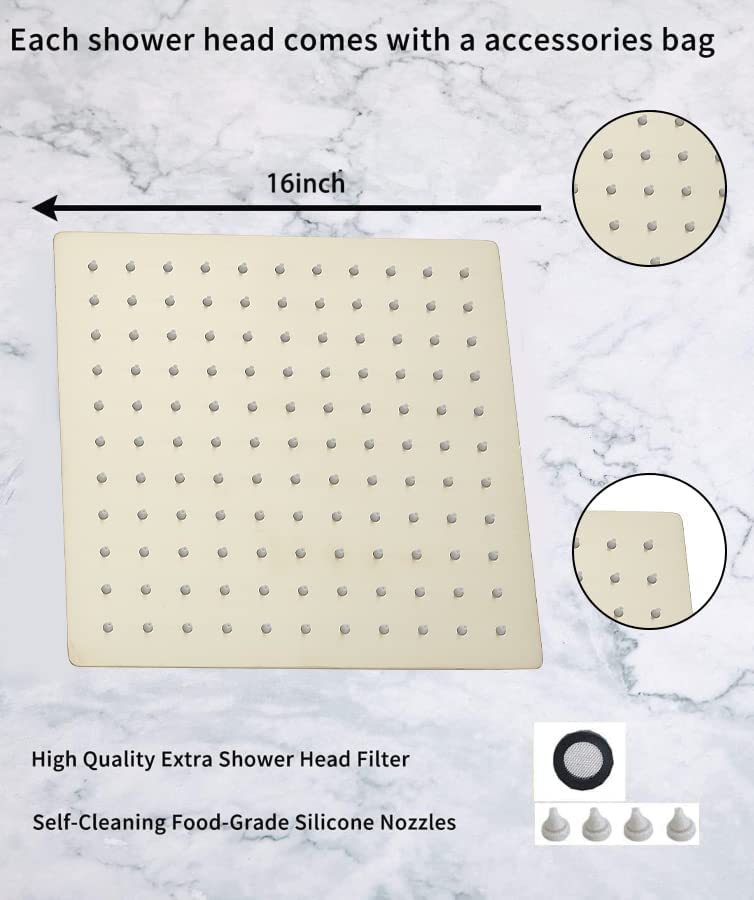 Rain Shower Head Brushed Gold with Extension Arm 16 Inch Square Shower Head with 16 Inch Shower Arm Large Stainless Steel Rainfall Showerhead Waterfall Full Body Coverage - color: Brushed Gold, size: 16inch