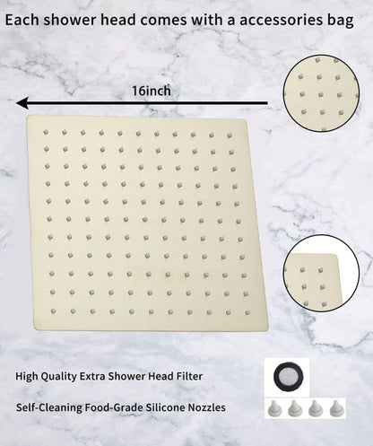 Rain Shower Head Brushed Gold with Extension Arm 16 Inch Square Shower Head with 16 Inch Shower Arm Large Stainless Steel Rainfall Showerhead Waterfall Full Body Coverage - color: Brushed Gold, size: 16inch