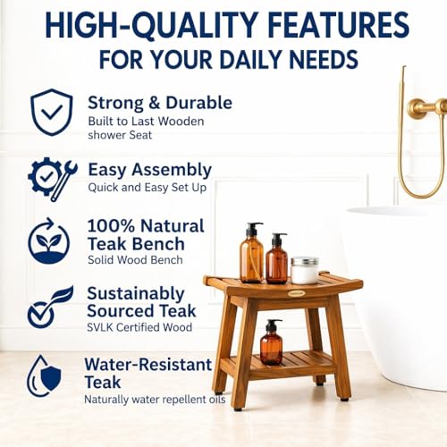 EcoDecors Harmony Gold 18" Teak Shower Bench, Fully Assembled, 300 lb | Comfortable shower bench supports adults and seniors with sturdy construction, reliable stability, and timeless teak style