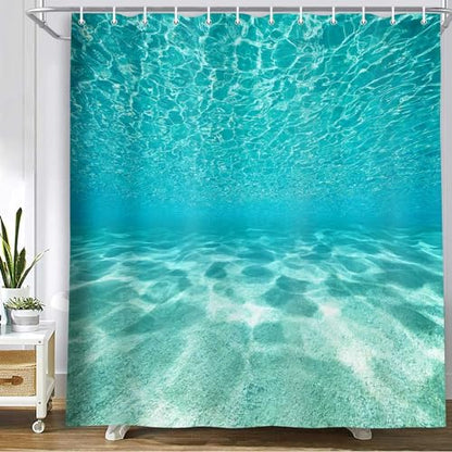 MERCHR Cute Teal Blue Ocean Shower Curtain, Nature Underwater Sea World Sand Beach Bathroom Curtains Waterproof Fabric,71X84Inches - color: Teal, size: 71"W x 84"L (Pack of 1)