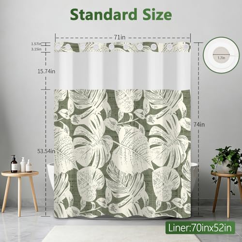 Tropical Leaves Shower Curtain with Snap in Liner, Monstera Leaf No Hook Shower Curtain with Mesh Top Window and Weighted Hem, Waterproof Fabric Hotel Summer Bathroom Shower Curtain Sets, 71x74 Inches - color: Monstera