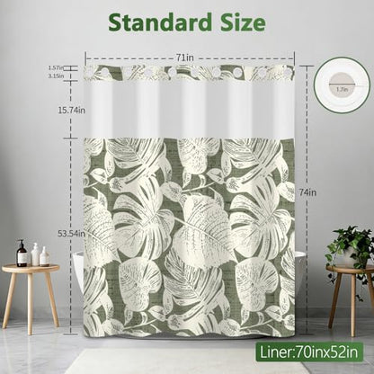 Tropical Leaves Shower Curtain with Snap in Liner, Monstera Leaf No Hook Shower Curtain with Mesh Top Window and Weighted Hem, Waterproof Fabric Hotel Summer Bathroom Shower Curtain Sets, 71x74 Inches - color: Monstera