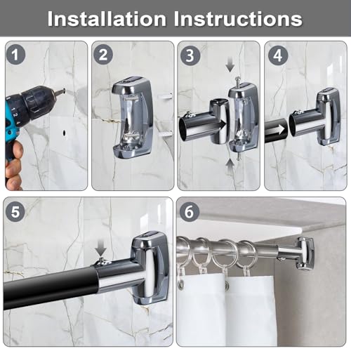 Kokone Shower Curtain Rod Bracket Set of 2 Adjustable 180° Rotation Bracket for Curved Shower Curtains Rod Sturdy Zinc Alloy Wall Mounted Shower Curtain Rod Holder for Bathroom,Wardrobe,Kitchen,Silver
