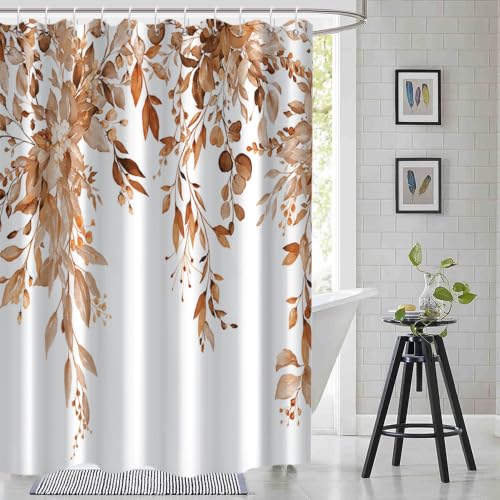 Brown Eucalyptus Shower Curtain Extra Wide 108x72 inch 18 Hooks | Waterproof Spring Leaves Shower Curtain Set for Bathroom, Soft and Lightweight, Machine Washable - color: Brown, size: 108"W x 72"L (Pack of 1)