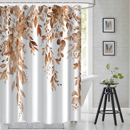 Brown Eucalyptus Shower Curtain Extra Wide 108x72 inch 18 Hooks | Waterproof Spring Leaves Shower Curtain Set for Bathroom, Soft and Lightweight, Machine Washable - color: Brown, size: 108"W x 72"L (Pack of 1)