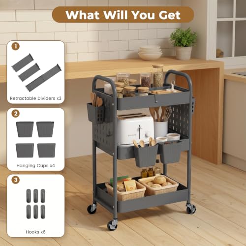 3 Tier Rolling Cart with Retractable Dividers, Multi-Functional White Rolling Utility Cart with Pegboards, Hooks & Hanging Cups for Nursery, Living Room, Studio - color: Gray