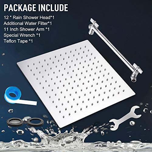 High Pressure Large Stainless Steel Square Rain ShowerHead With Shower Arm Waterfall Full Body Coverage Easy to Clean and Install (12 Inch With Arm, Chrome Finish) - color: Chrome Finish, size: 12 Inch With Arm