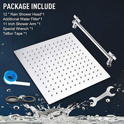High Pressure Large Stainless Steel Square Rain ShowerHead With Shower Arm Waterfall Full Body Coverage Easy to Clean and Install (12 Inch With Arm, Chrome Finish) - color: Chrome Finish, size: 12 Inch With Arm