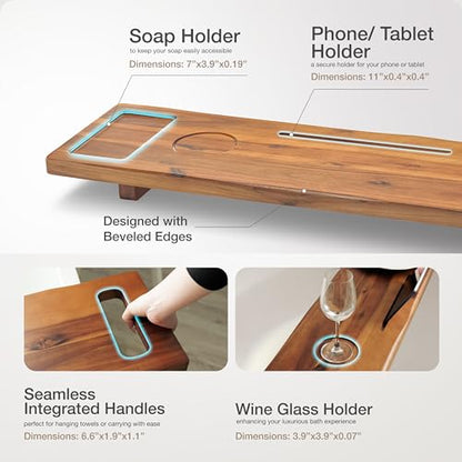 TINAMO 39" L Acacia Wood Bathtub Tray with Adjustable Width & Phone Slots | Adjustable Feet, 39" x 9.75" x 2.5", Phone & Drink Holders, Easy Assembly, Spacious Storage, Fits Most Tubs, Side Handle - color: Acacia, size: 39" x 9.8" x 2.5"