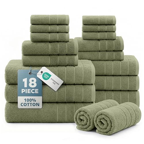 Casa Platino 100% Luxury Cotton Bath Towel Pack of 18 - Softer, High Absorbency & Durable - 6 Bath, 6 Wash Cloth, 6 Hand Towels for Bathroom - Premium Look, Spa Quality, Solid Dyed Towels - Oil Green - color: 07: Oil Green, size: 18 Piece Towel Set