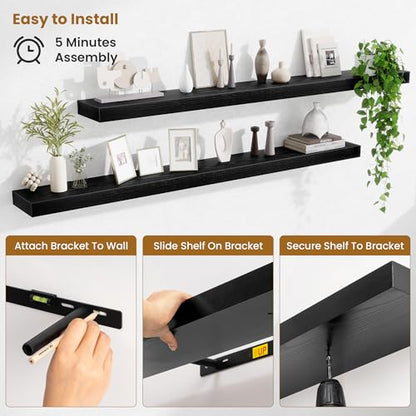 Fun Memories 55 Inch Floating Shelves Bedroom, Large Extra Floating Shelf Set of 2 with Invisible Brackets, Black - color: Black, size: 55"