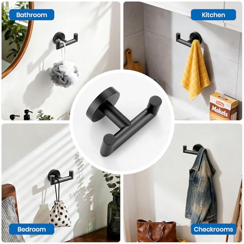 Shower Towel Hook, Wall Mount Robe Hook Holder, Matte Black | Stainless Steel Material, Double Hooks Design, Rust-Resistant, Strong Load-bearing Capacity - color: Matte Black