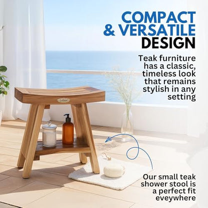 EcoDecors Teak Shower Bench with Shelf 18", 300 lb Capacity – Fully Assembled Waterproof Wood Spa Seating for Adults - Compact Fit for Small Bathrooms & Walk-in Showers - Slip-Resistant Feet - size: 18" shelf fully assembled