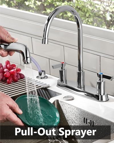 Kitchen Faucet with Side Sprayer, 8 Inch Centerset 4-Hole Chrome | Lead-Free 4-Hole High Arc Kitchen Sink Faucet, 1.8 GPM, 360° Spout - color: Chrome