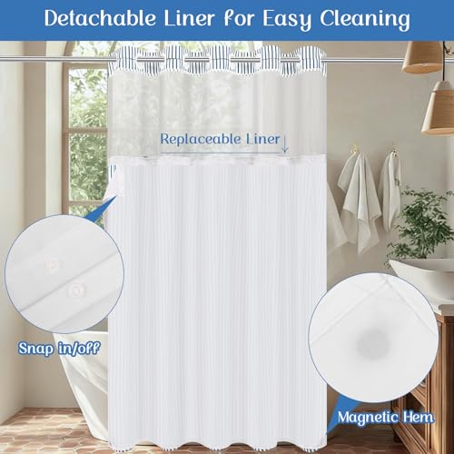 ASPMIZ Farmhouse Striped Shower Curtain and Liner Set No Hook, Blue 71x74 | No Hook Shower Curtain with Snap in Liner Fabric, Rustic Washable Waterproof Bathroom Curtains with Button, Mesh Top Window - color: Blue Striped, size: 71"W x 74"L (Pack of 1), s