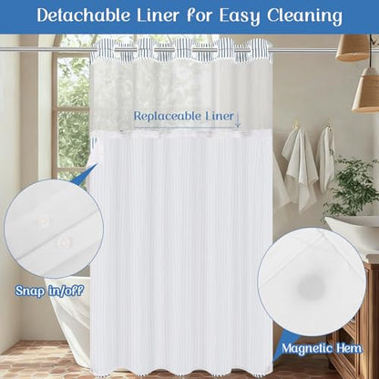 ASPMIZ Farmhouse Striped Shower Curtain and Liner Set No Hook, Blue 71x74 | No Hook Shower Curtain with Snap in Liner Fabric, Rustic Washable Waterproof Bathroom Curtains with Button, Mesh Top Window - color: Blue Striped, size: 71"W x 74"L (Pack of 1), s