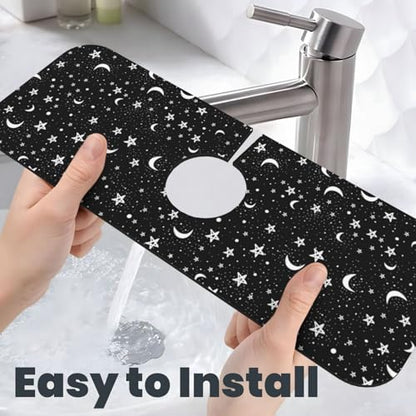 Black And White Moon Star Kitchen Sink Splash Guard Faucet Mat Super Absorbent Fast Drying Mat Sink Gadgets-Fast Drying Pad Sink Mat For Kitchen Bathroom (15" X 5.5" ) - color: Black And White Moon Star