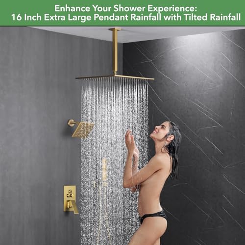 VANFOXLE Shower System, Brushed Gold Shower Faucet Set, Push Button Valve | 16 Inch Ceiling Mount Rain Head, 6 Inch Wall Mount Head, 2-in-1 Handheld Sprayer, Solid Brass Valve, Rust Resistant - color: Brushed Gold, style: 16"+6" Head