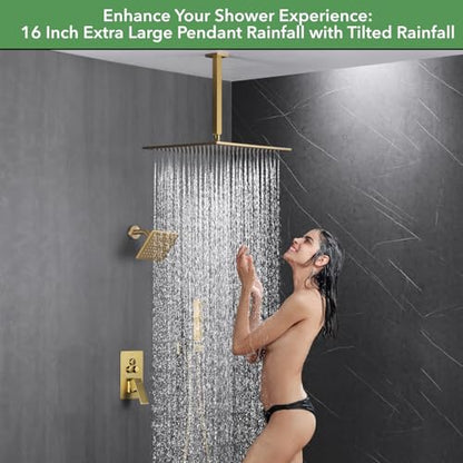 VANFOXLE Shower System, Brushed Gold Shower Faucet Set, Push Button Valve | 16 Inch Ceiling Mount Rain Head, 6 Inch Wall Mount Head, 2-in-1 Handheld Sprayer, Solid Brass Valve, Rust Resistant - color: Brushed Gold, style: 16"+6" Head