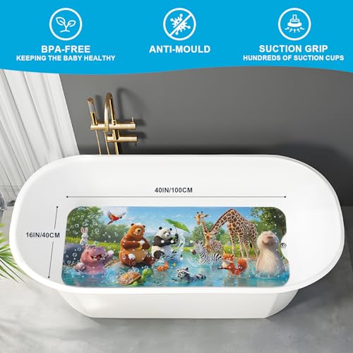 Baby Bath Mat for Tub Non Slip Kids, BPA Free Extra Long Bathtub Mat 40x16 with Drain Holes and 200 Suction Cups, Non Toxic Machine Washable Toddler Bath Mat, Eco-Friendly Certified - color: Morning