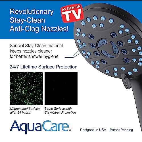 AquaCare High Pressure 8-mode Handheld Shower Head - Anti-clog Nozzles, Built-in Power Wash to Clean Tub, Tile & Pets, Extra Long 6 ft. Stainless Steel Hose, Wall & Overhead Brackets | Stay Clean Nozzles, Dual Power Wash for Tub, Tile & Pets, Long 6 ft. S
