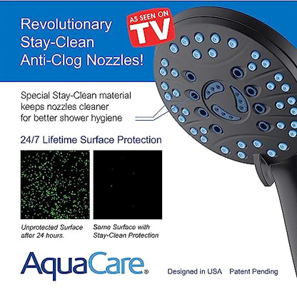 AquaCare High Pressure 8-mode Handheld Shower Head - Anti-clog Nozzles, Built-in Power Wash to Clean Tub, Tile & Pets, Extra Long 6 ft. Stainless Steel Hose, Wall & Overhead Brackets | Stay Clean Nozzles, Dual Power Wash for Tub, Tile & Pets, Long 6 ft. S