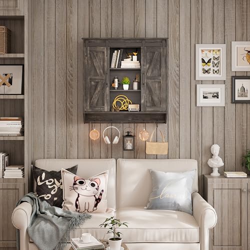 Trironsun Farmhouse Medicine Cabinet 2 Sliding Barn Doors 3 Tier Rustic Wood Wall Storage Cabinet Adjustable Shelf Towel Bar Wall Mounted Bathroom Wall Cabinet - color: Dark Rustic Oak