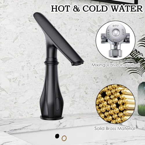 Touchless Bathroom Faucet, Matte Black Smart Motion Sensor Bathroom Sink Faucets 1 Hole with Cover Plate, Mixing Valve, Battery Powered for Commercial Lavatory, Home - color: Matte Black