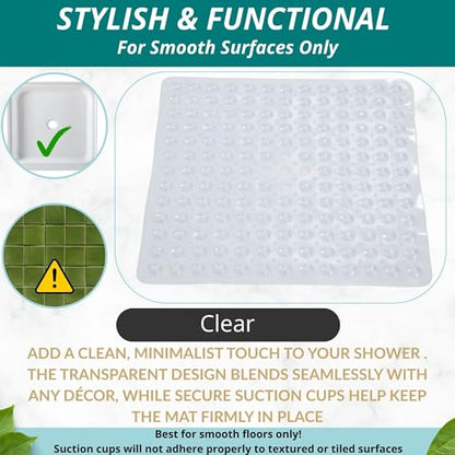 ENKOSI Square Shower Mat – 21 x 21 Inch Non-Slip Bathroom Shower Stall Mat with Suction Cups and Drain Holes – Anti-Slip Shower Mats for Inside Shower - Square Bathmat (21x21 Clear) - color: Clear