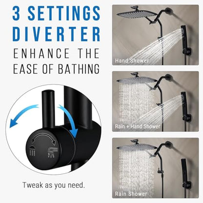 G-Promise 6.1 Inch Low-level Shower Diverter with Holder (Matte Black) | All Metal Construction, 3 Spray Settings, 6.1 Inch Low Diverter, Dual Mount Shower Holder, Standard Thread Connection - color: Matte Black, size: 3-Settings
