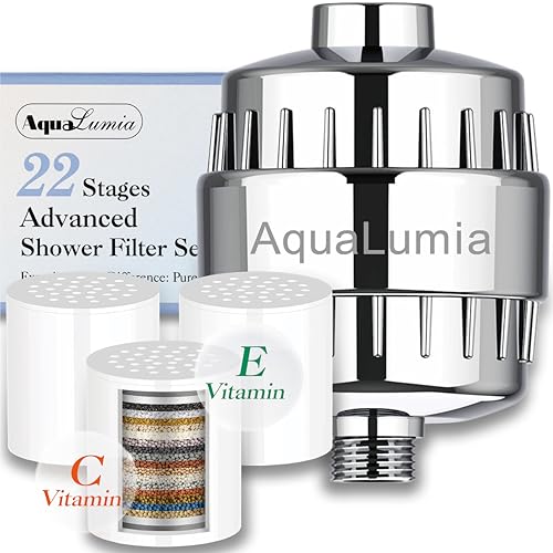 AquaLumia 22-Stage KDF-55 Advanced Shower Filter Set, 3 Replacement Cartridges - Infused with Vitamin C & E for Skin & Hair - High Output Hard Water Softener - Removes Chlorine, Heavy Metals