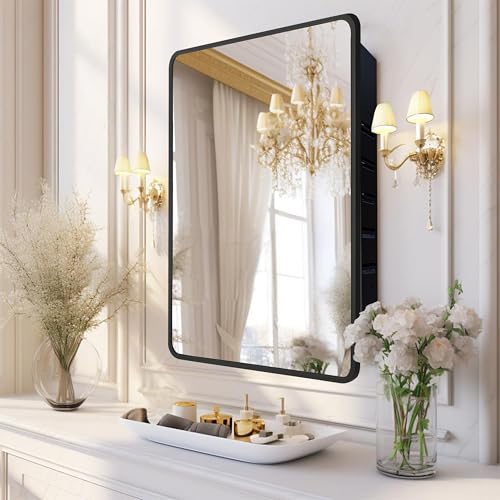 20x30 Medicine Cabinet with Mirror, Black Metal, Recessed or Surface Mount | 3 adjustable metal shelves, reversible piano-hinge door, 95% assembled; cutout 17.72"W x 24.02"H x 3.54"D - color: Black - Metal, size: 20"L x 30"W