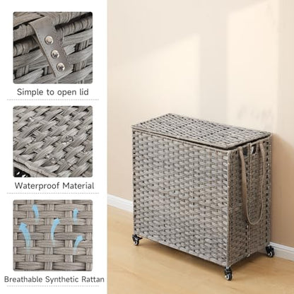 Laundry Hamper with Wheels, 39.6 Gallon(150L) Rolling Laundry Basket with Lid, Removable Large 2 Color Liners & 3 Mesh Laundry Bags, Clothes Hamper with Side Pocket, Grey - color: Grey, size: 23.62"L x 15.75"W x 25.6"H
