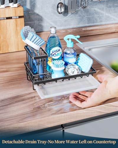 Consumest Sink Caddy, Kitchen Sponge Holder with Dish Brush Holder, Kitchen Sink Organizer with Drip Tray for Countertop Stainless Steel Rustproof, Black-Large - color: Black-l