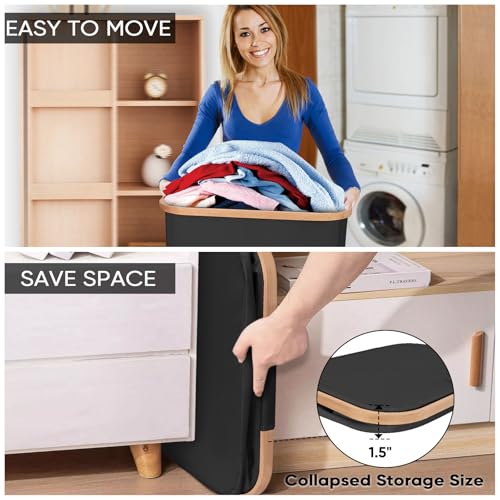 BALEINE Laundry Hamper with Lid, Tall Laundry Baskets with Bamboo Pull Handles, Large Laundry Bin with Internal Support (36 Gal/140L, Black) - color: Black, size: 140 liters