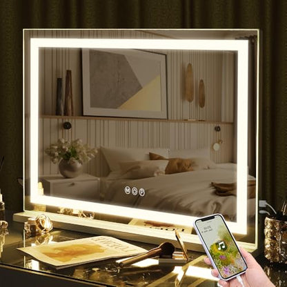 FENCHILIN Vanity Mirror with Lights 32” x 23” Hollywood Makeup Mirror with Light Strip Smart Touch Control 3 Colors Dimmable & 10X Magnification Tabletop White