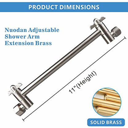 Shower Head Extension Arm - 11" Solid Brass Shower Arm with Universal Connection to Showerheads - Easily Adjustable The Height and Angle of The Rain or Handheld Shower (Brushed Nickel) - color: Brushed Nickel