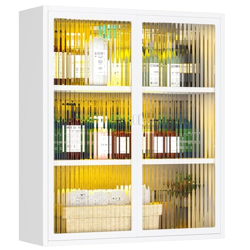 Medicine Cabinet with Fluted Glass Doors, Over Toilet Storage Cabinet with Sensor Light, Bathroom Wall Mounted Metal Organizer for Bathroom and Kitchen (White) - color: White, size: Full glass wall cabinet