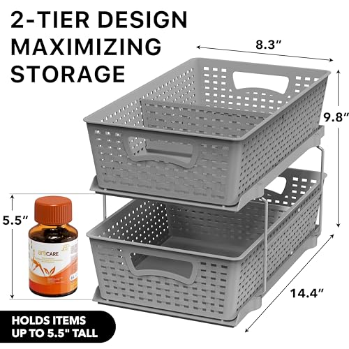 Simple Houseware 2 Tier Pull-Out Sliding Drawer Under Sink Storage, Gray | Great for Kitchen Bathroom Tray Shelf Organizer - color: Gray