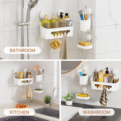 Shower Caddy Suction Cup Set Shower Organizer & Soap Holder & Toothbrush Holder, Bathroom Shelf Basket NO-Drilling, Removable Suction Storage Waterproof Bathroom Caddy, White | Toothbrush Holder, NO-Drilling Bathroom Shelf, Removable Suction Storage, Wate