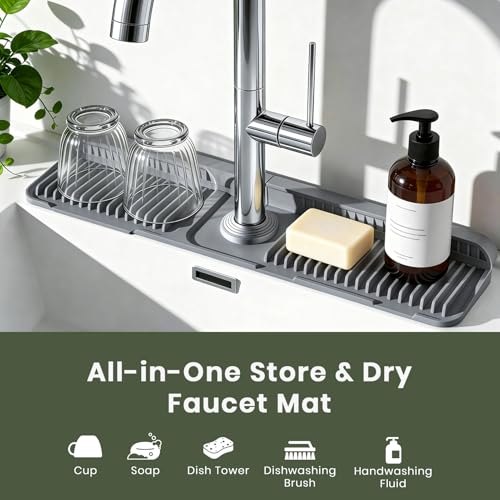 24 Inch Faucet Mat for Kitchen Sink, Silicone Splash Guard for Kitchen Sink Area, 7° Slope Fast Self-Draining Sink Mat, Cuttable Hole Design, Sink Backsplash Guard Draining Mat, Dark Grey - color: Dark Grey