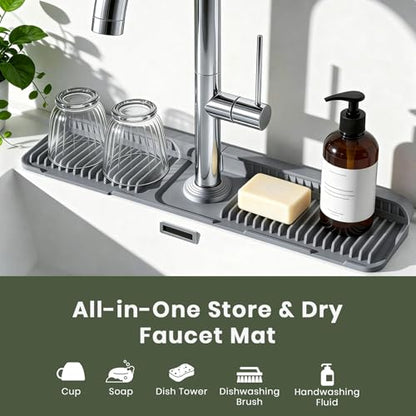 24 Inch Faucet Mat for Kitchen Sink, Silicone Splash Guard for Kitchen Sink Area, 7° Slope Fast Self-Draining Sink Mat, Cuttable Hole Design, Sink Backsplash Guard Draining Mat, Dark Grey - color: Dark Grey
