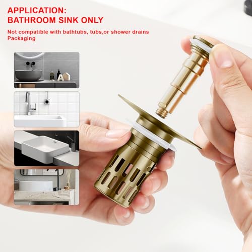 (All Metal) Bathroom Sink Stopper, Pop Up Drain Strainer for Bathroom Sink, Sink Plug Hair Catcher, Silent Popper Core w/Removable Filter Basket,Fit 1.05~2.0''Basin (Gold, 1 Pack) - color: Gold, size: 1 Pack