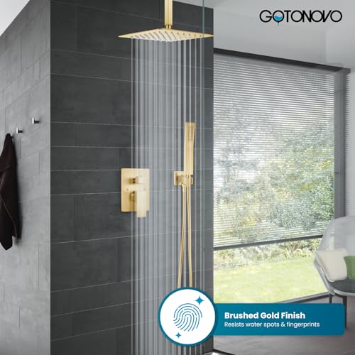 gotonovo Ceiling Shower System with Handheld Brushed Gold,12 inch Head | Ceiling Mount Bathroom Shower Faucet Set,SUS304 Rainfall Head and Handle Set Combo,Brass Valve Trim Kit,All Metal - color: Gold, size: 12 inch Head