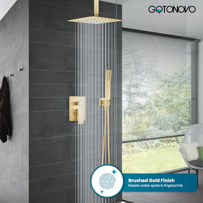 gotonovo Ceiling Shower System with Handheld Brushed Gold,12 inch Head | Ceiling Mount Bathroom Shower Faucet Set,SUS304 Rainfall Head and Handle Set Combo,Brass Valve Trim Kit,All Metal - color: Gold, size: 12 inch Head