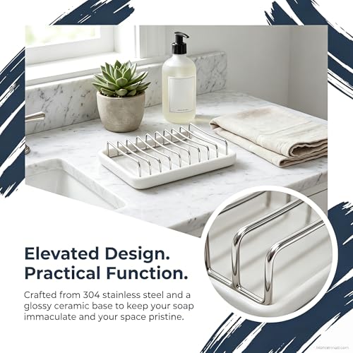 Ceramic Soap Dish with Stainless Steel Drain Tray Self Draining Soap Holder Sponge Holder Soap Dishes for Shower, Bathroom, Kitchen Sink - color: C-white