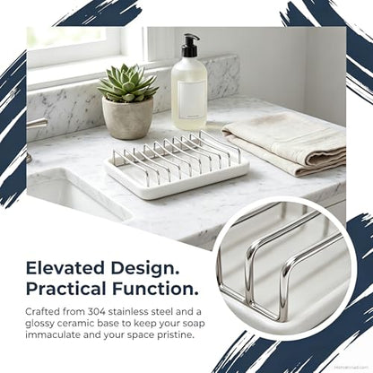 Ceramic Soap Dish with Stainless Steel Drain Tray Self Draining Soap Holder Sponge Holder Soap Dishes for Shower, Bathroom, Kitchen Sink - color: C-white