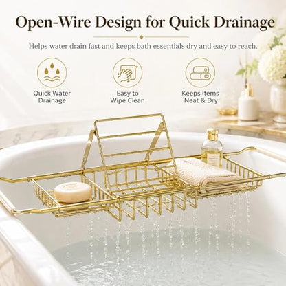 Bathtub Caddy Tray for Tub, Expandable Stainless Steel Bath Tray with Book Holder, Over Tub Organizer Rack for Tablet, Soap, Towel, Spa Bath Accessories(Rose Gold)